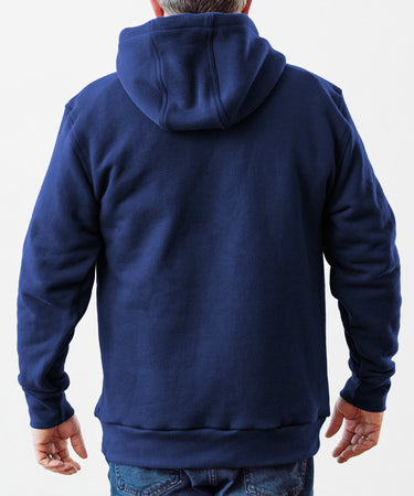 The Back of Navy All American Made Pullover by American Roots. 100% American Combed Cotton. Union Made.