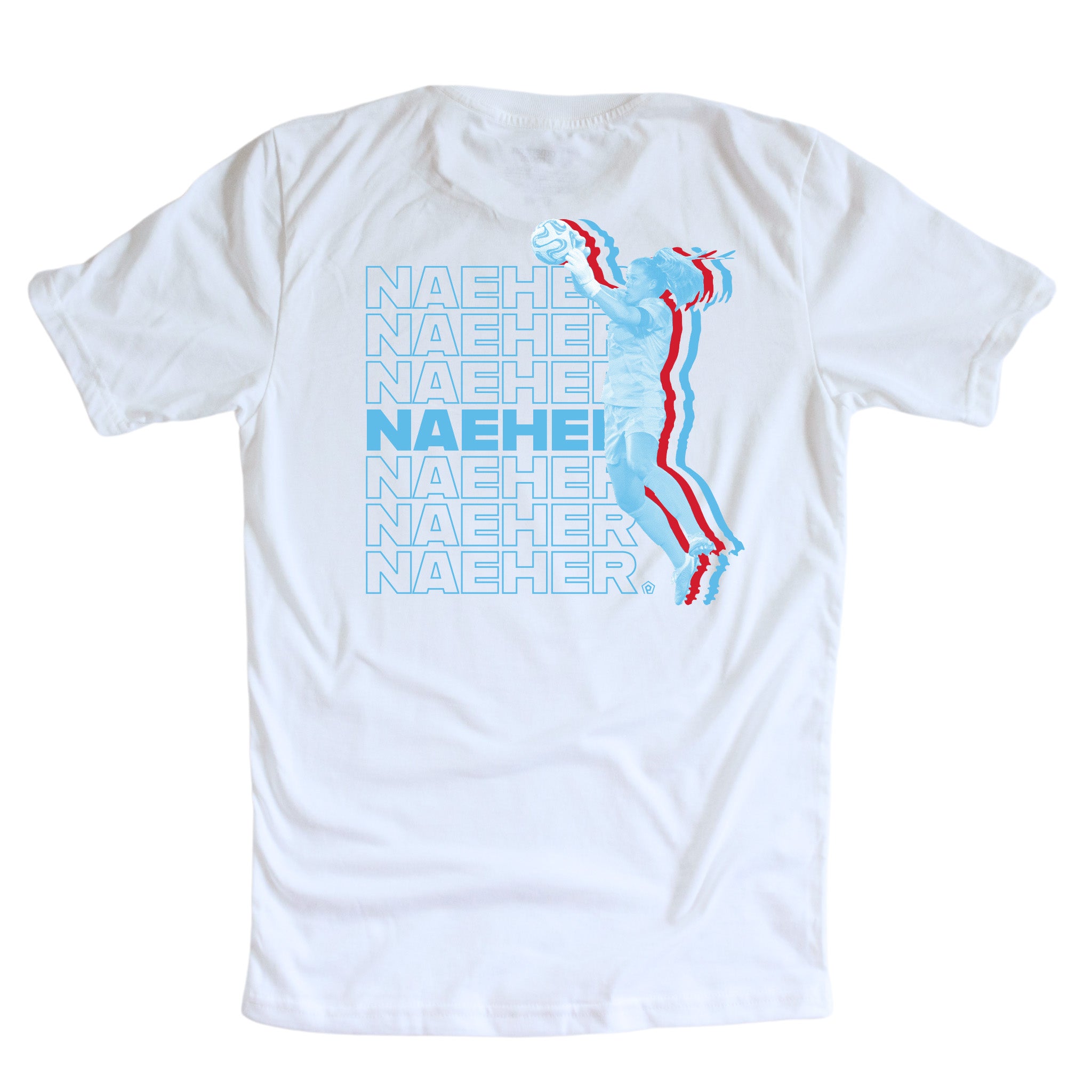 White Alyssa Naeher Tee, Made in the USA. Design features Naeher Jumping to catch a goal.