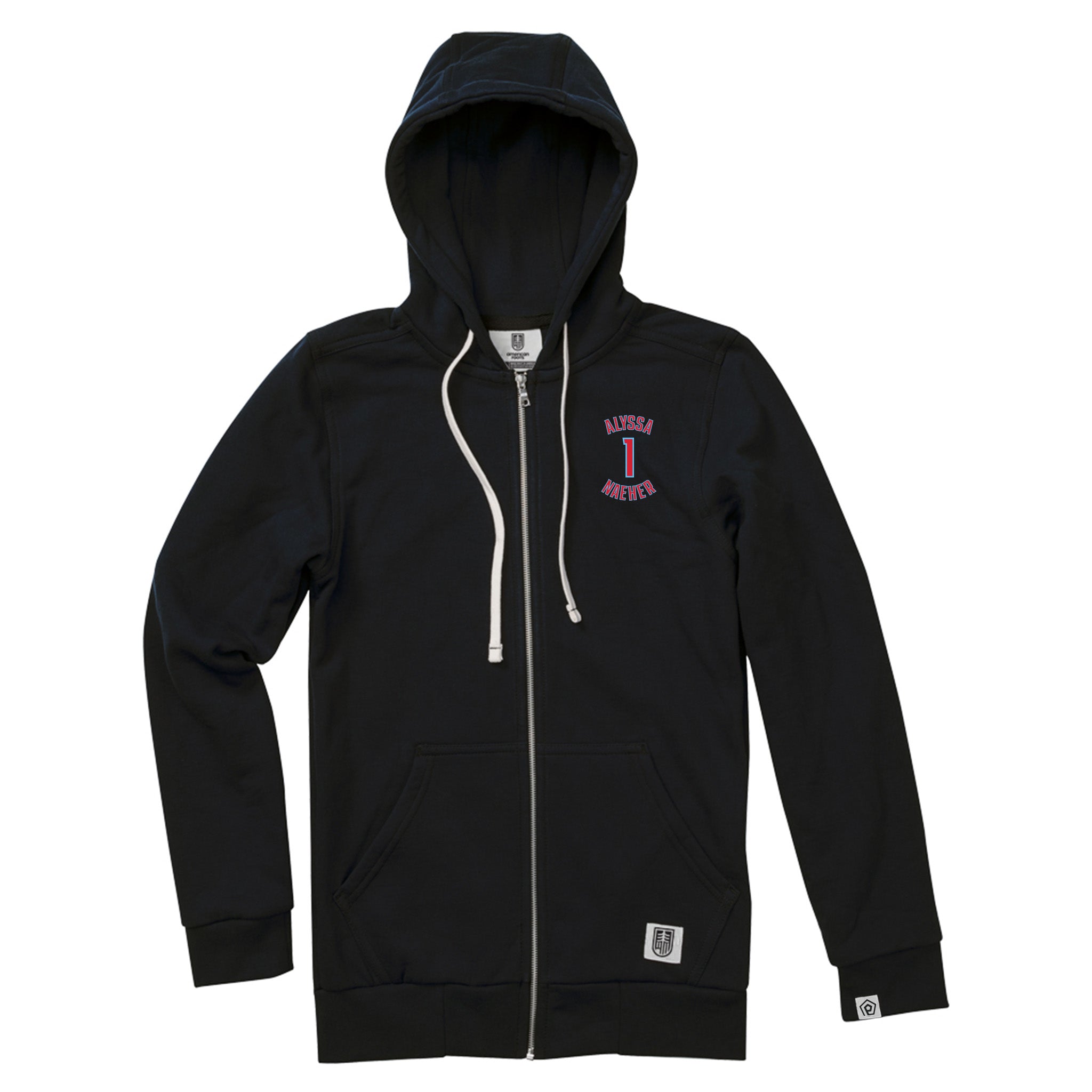 Black Alyssa Naeher All American Zip Up Featuring Name and Number. Made in the USA.